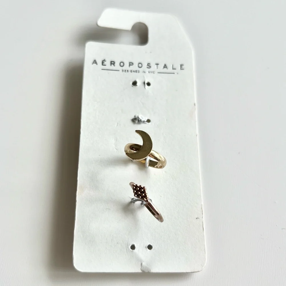 Aeropostale Crescent Moon & Geometric Shape Gold Plated Ring Set Of 2